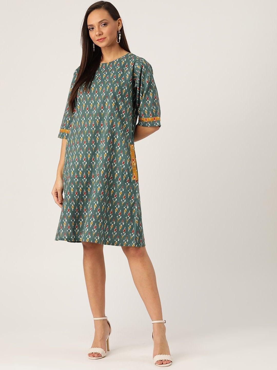 Women's Green Kantha Ikkat Dress - InWeave - Indiakreations