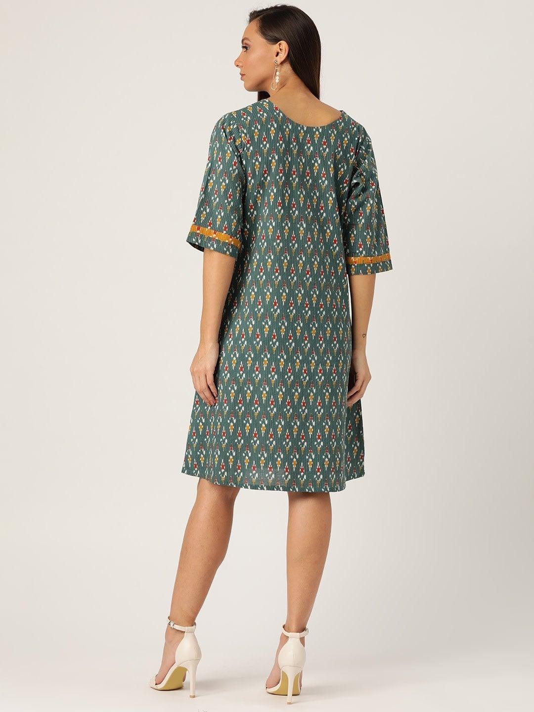 Women's Green Kantha Ikkat Dress - InWeave - Indiakreations