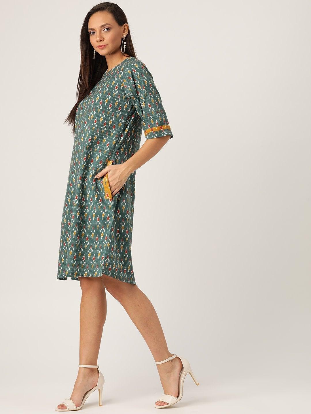 Women's Green Kantha Ikkat Dress - InWeave - Indiakreations