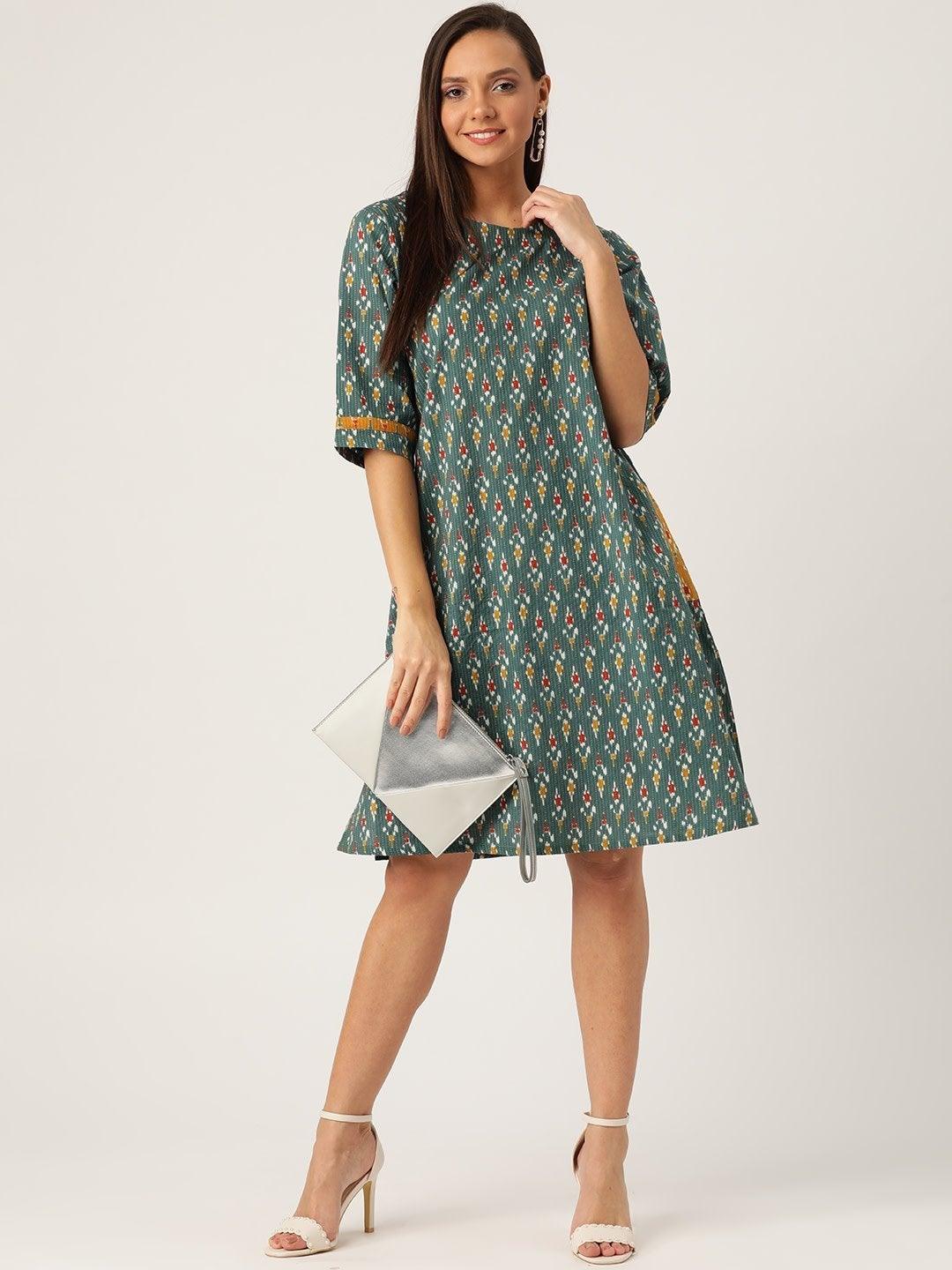 Women's Green Kantha Ikkat Dress - InWeave - Indiakreations