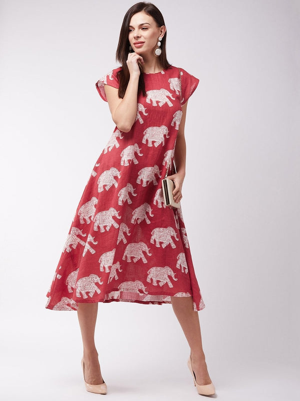 Women's Red Elephant Print Dress - InWeave