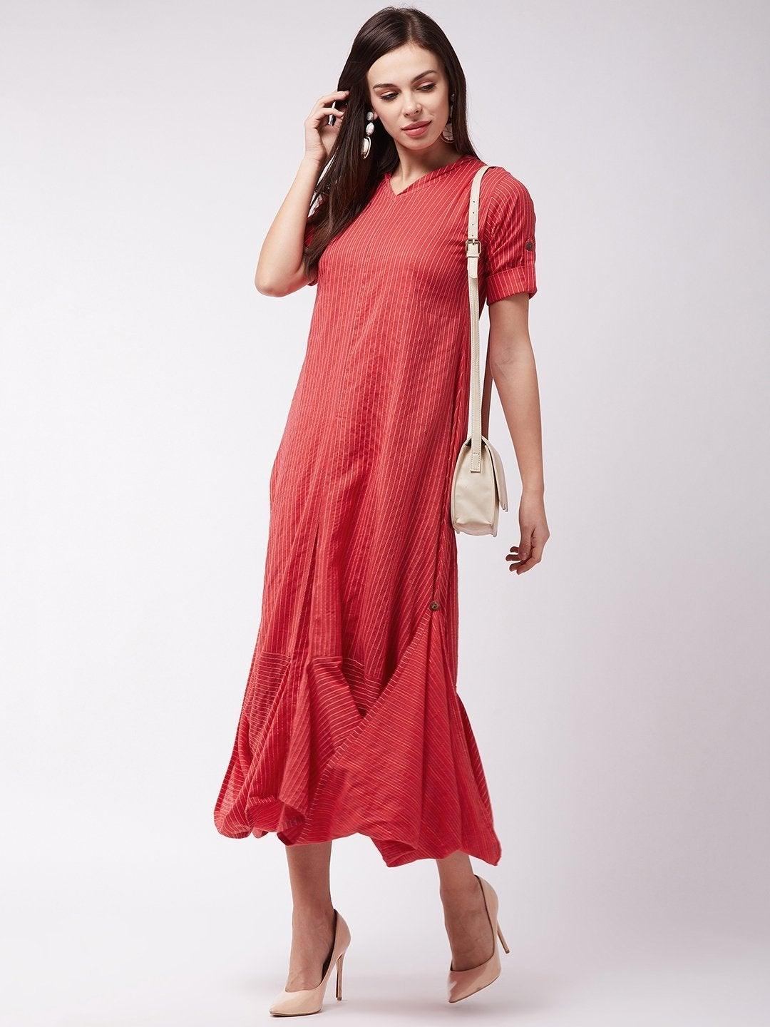 Women's Red Kantha Cowl Dress - InWeave - Indiakreations