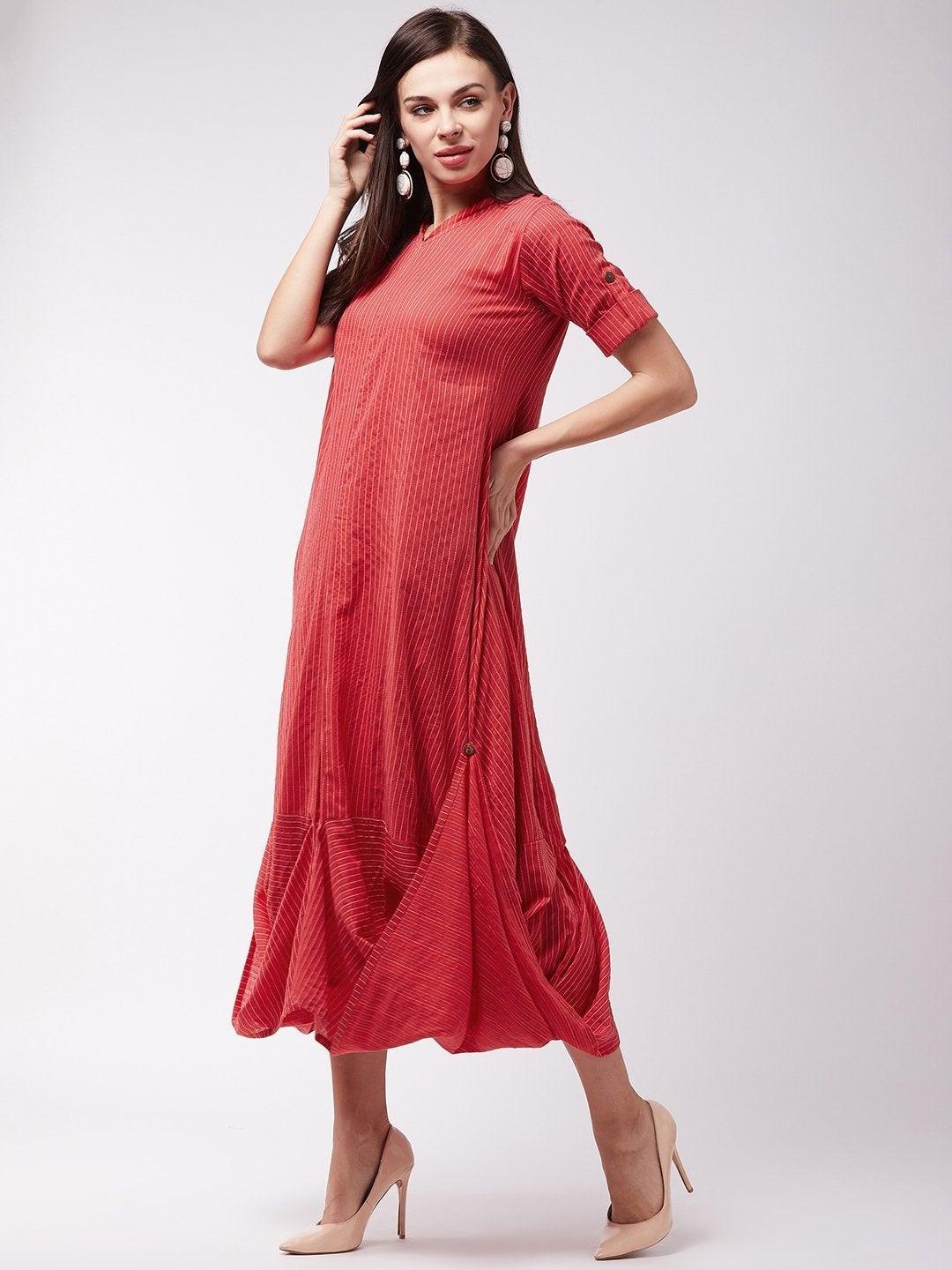 Women's Red Kantha Cowl Dress - InWeave - Indiakreations