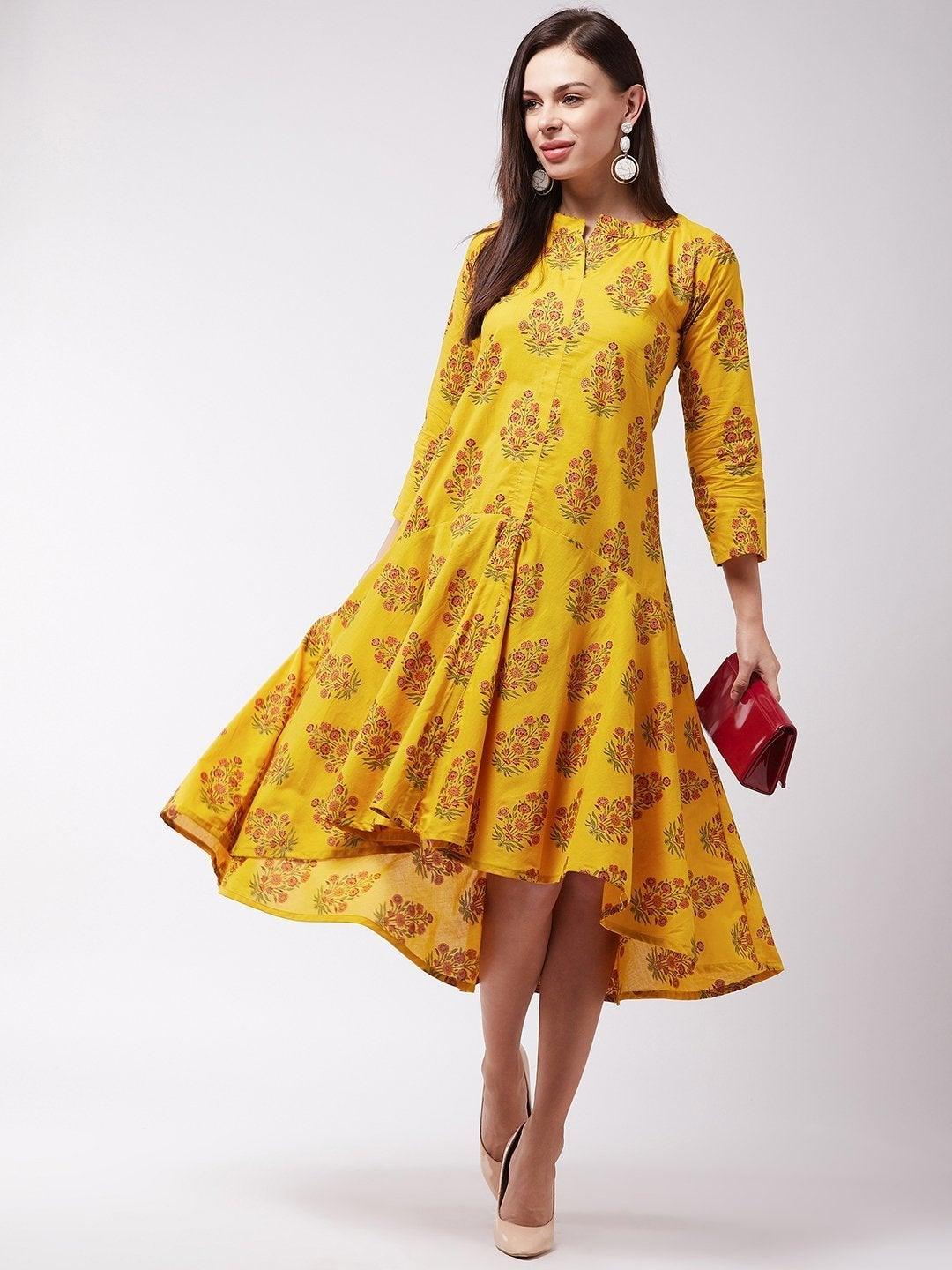 Women's Yellow Maroon Boota Print Dress - InWeave - Indiakreations