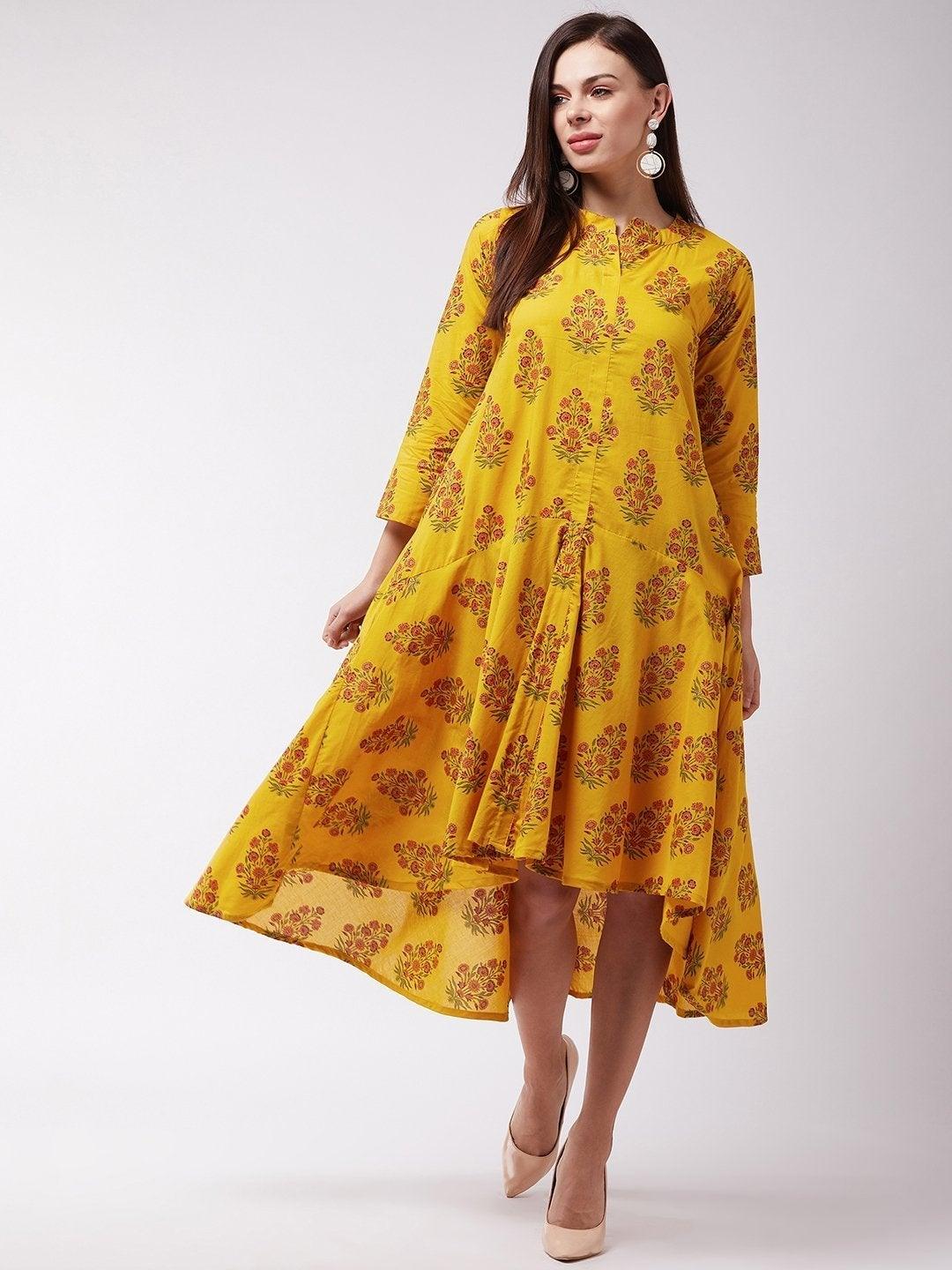 Women's Yellow Maroon Boota Print Dress - InWeave - Indiakreations