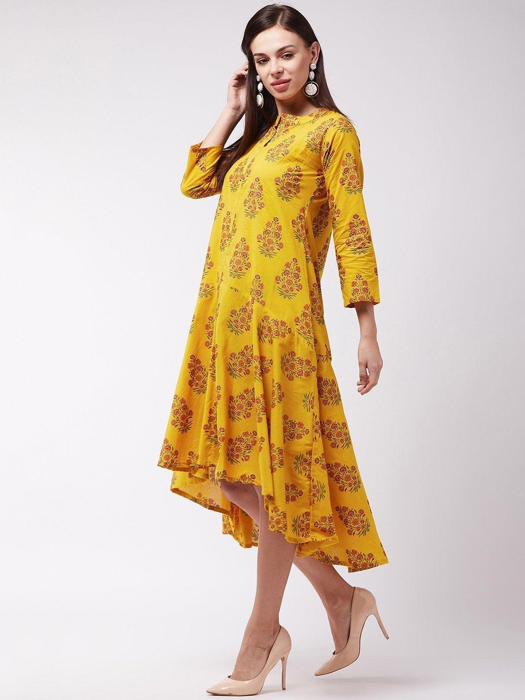 Women's Yellow Maroon Boota Print Dress - InWeave - Indiakreations