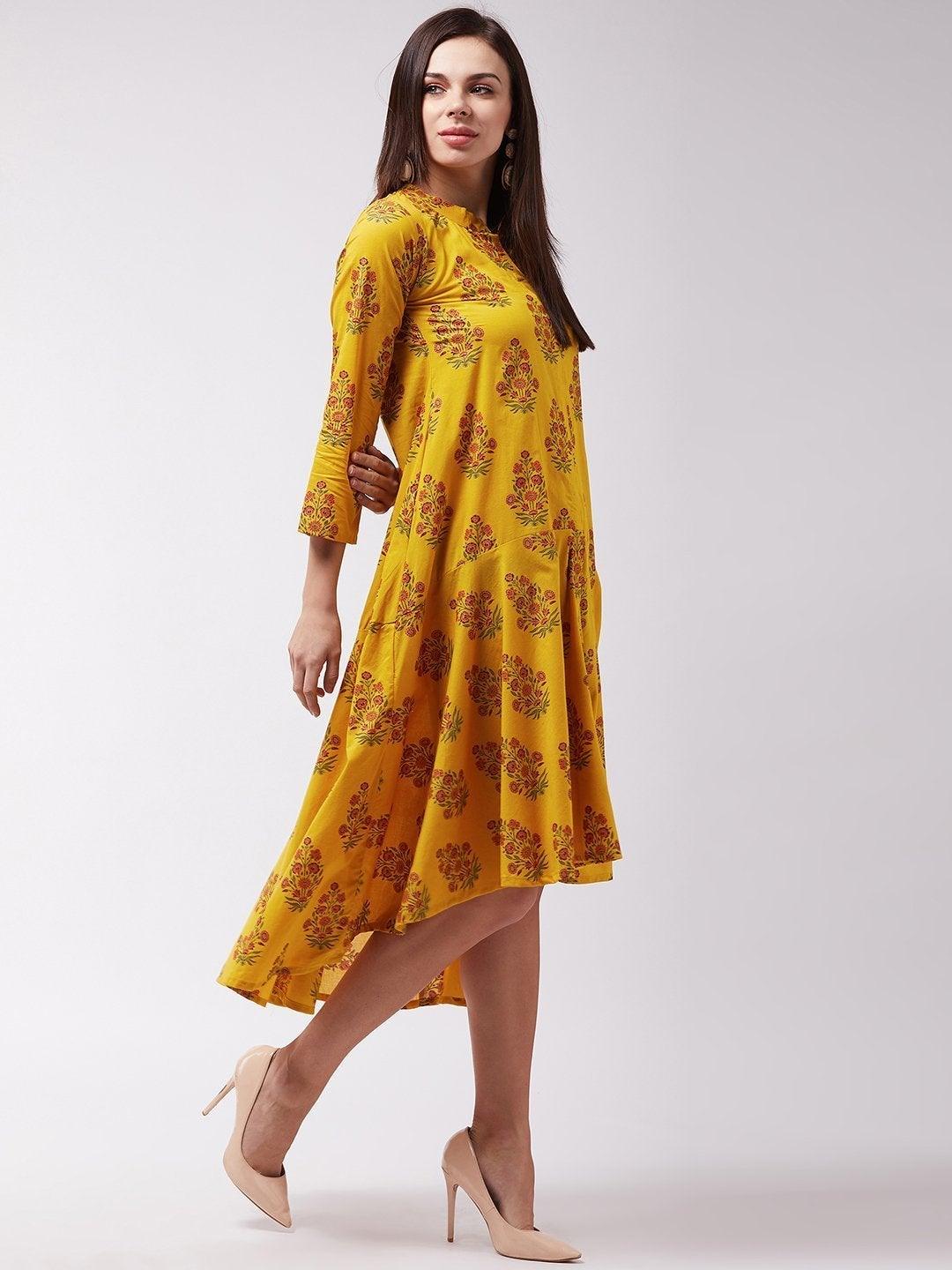 Women's Yellow Maroon Boota Print Dress - InWeave - Indiakreations