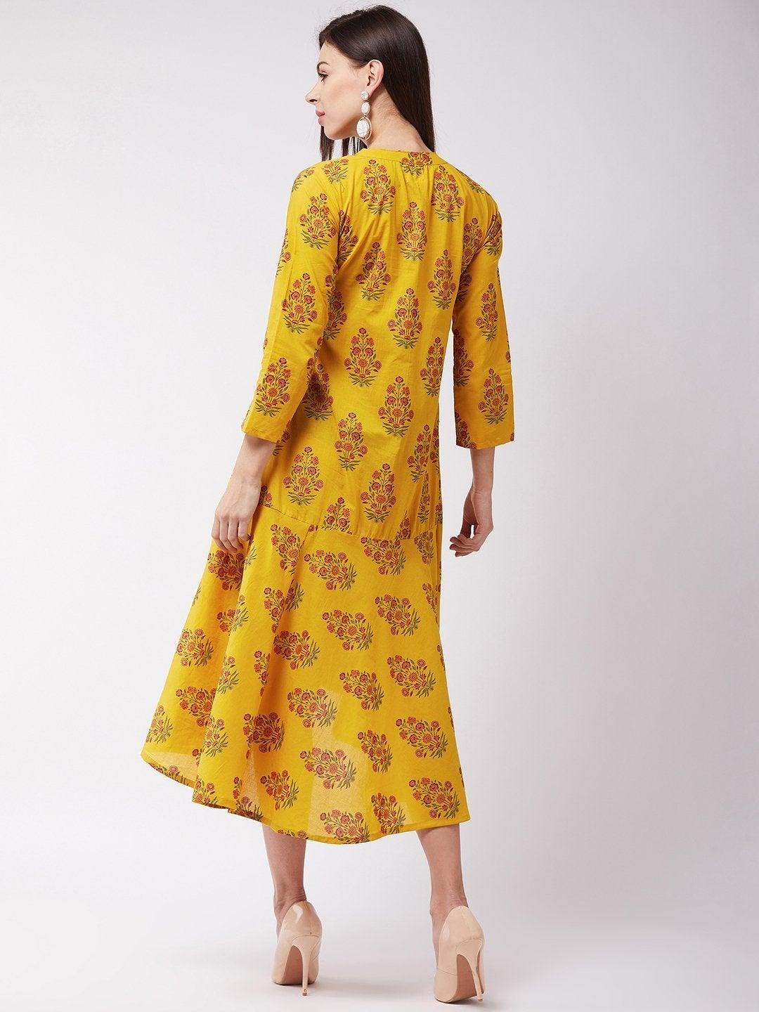 Women's Yellow Maroon Boota Print Dress - InWeave - Indiakreations