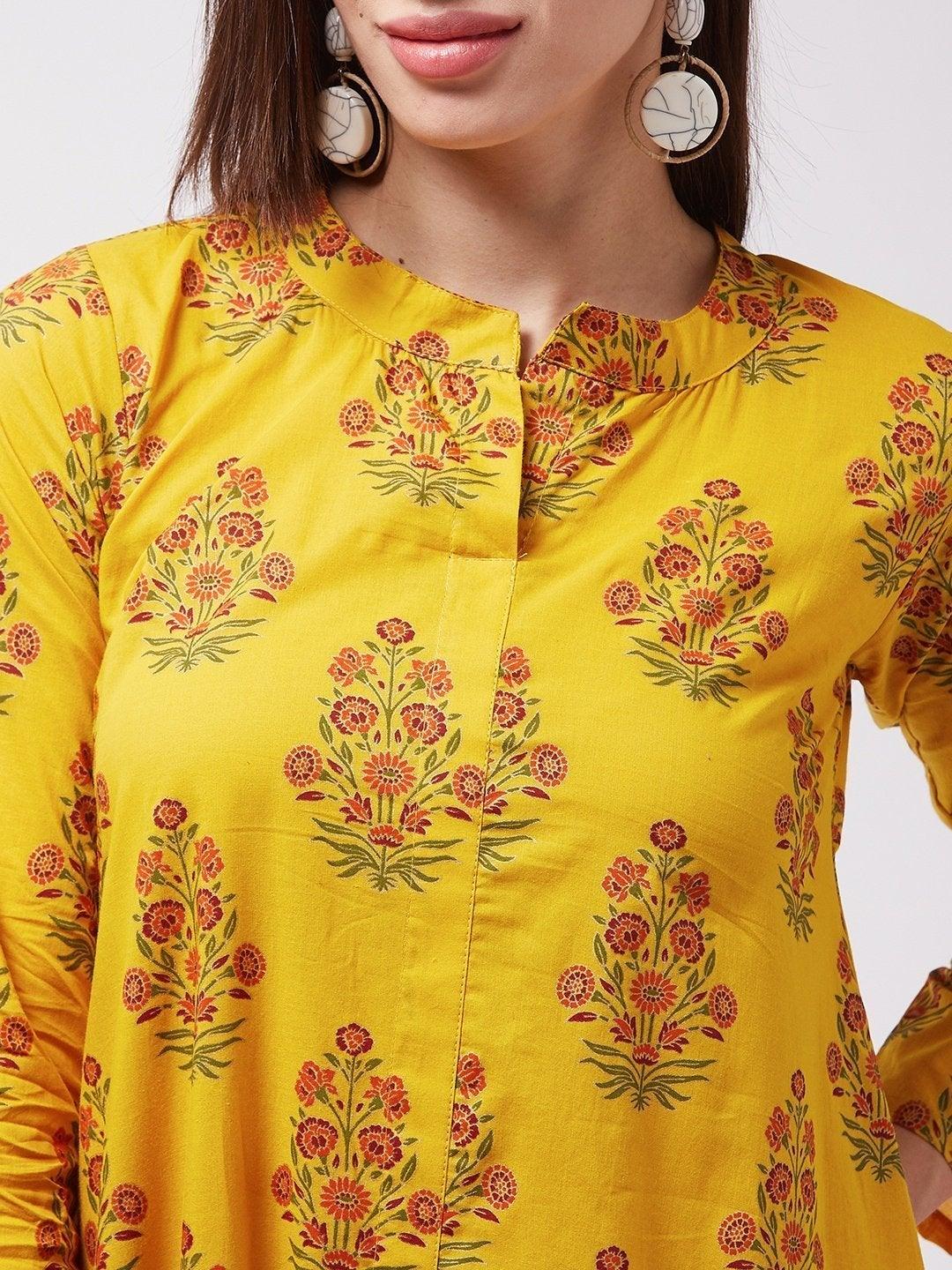 Women's Yellow Maroon Boota Print Dress - InWeave - Indiakreations