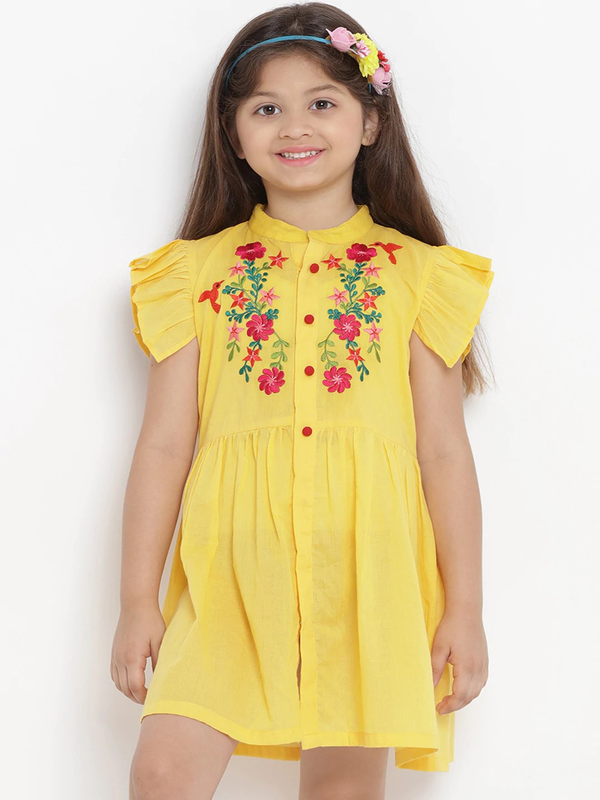 Girl's Yellow Solid Shirt-Type Dress  - NOZ2TOZ KIDS