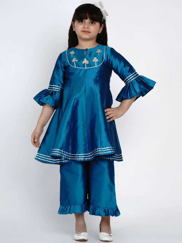 Girl's Blue Embroidered Kurta & Palazzo Set  - NOZ2TOZ KIDS