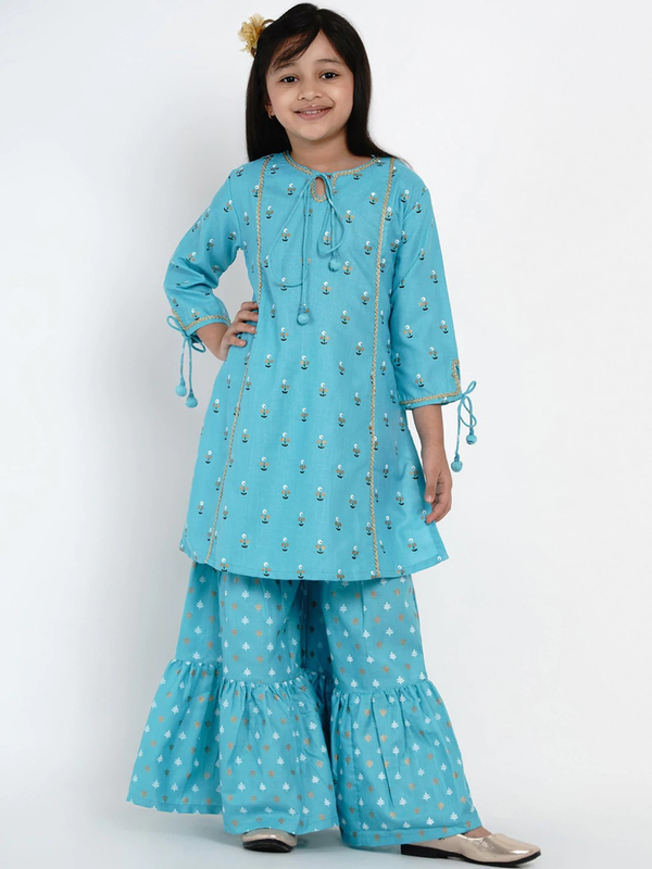 Girl's Blue & White Printed Kurta & Sharara Set  - NOZ2TOZ KIDS