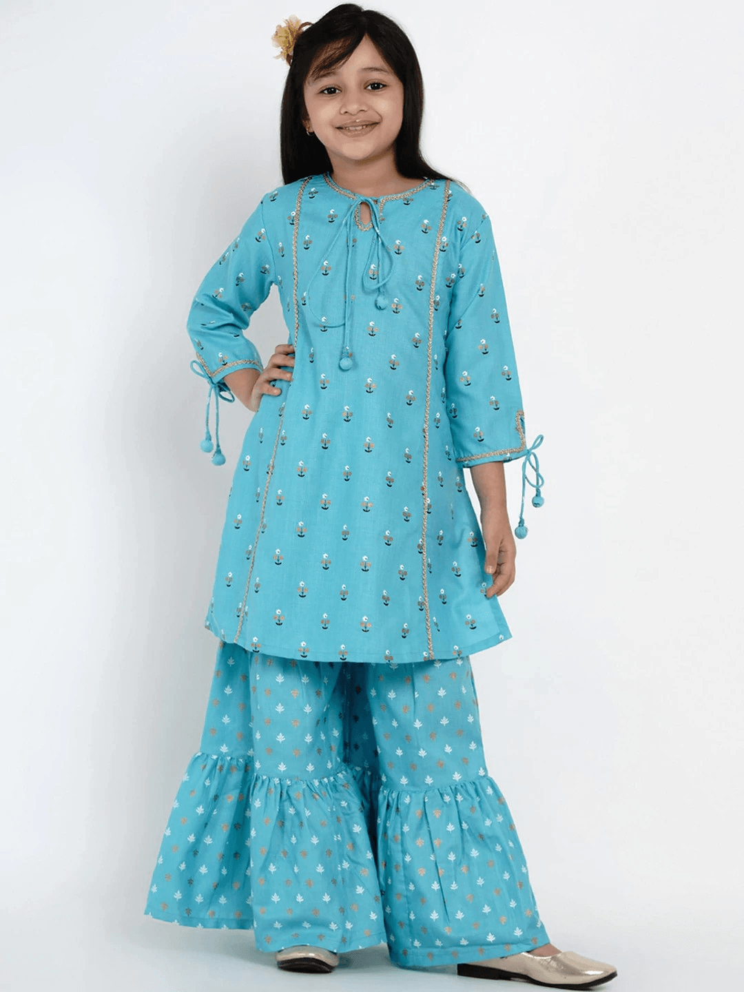 Girl's Blue & White Printed Kurta & Sharara Set - NOZ2TOZ KIDS - Indiakreations