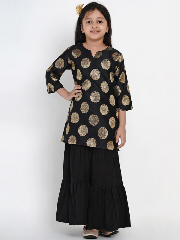 Girl's Black & Gold Woven Design Kurta & Sharara Set  - NOZ2TOZ KIDS