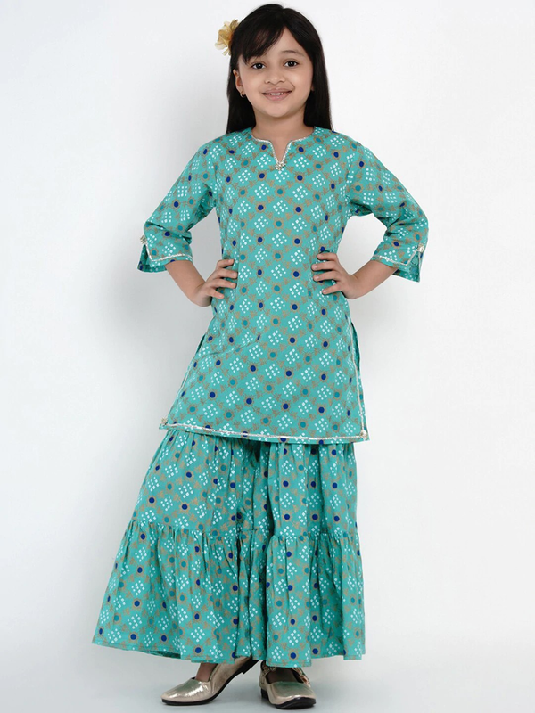 Girl's Green & Blue Printed Kurta & Palazzo Set  - NOZ2TOZ KIDS