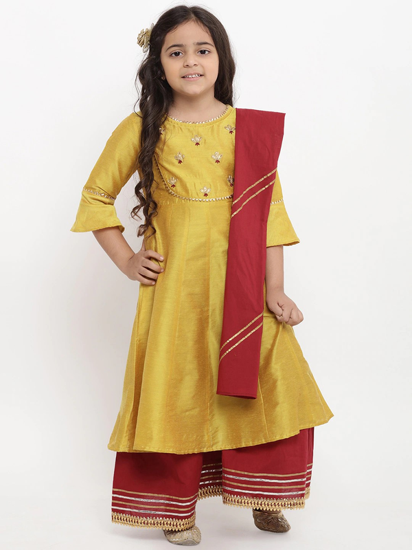 Girl's Yellow Embroidered Kurta & Palazzo Set with Dupatta  - NOZ2TOZ KIDS