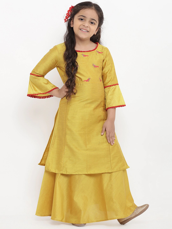 Girl's Yellow Embroidered Kurta & Skirt Set  - NOZ2TOZ KIDS