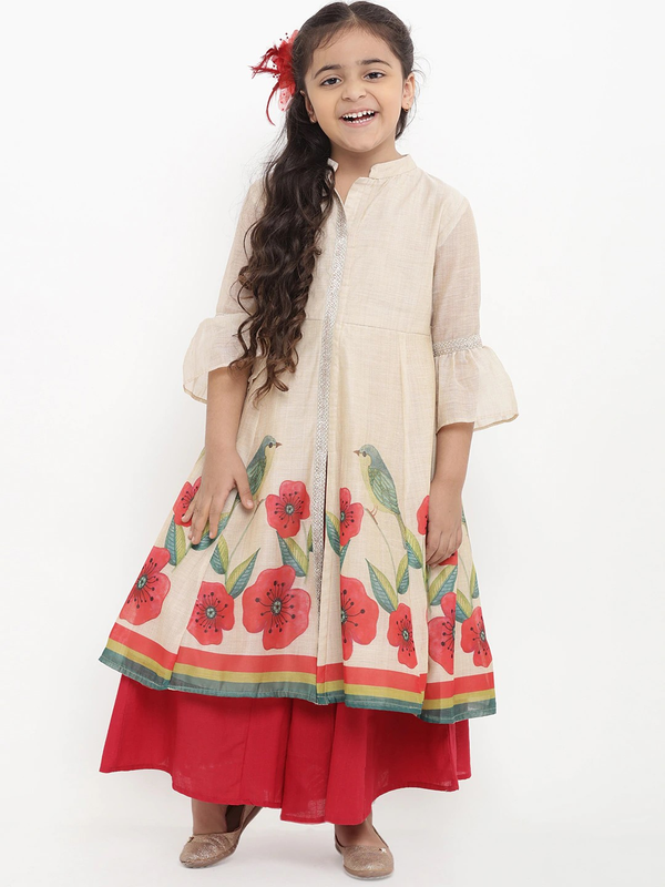 Girl's Beige Printed Kurta & Palazzo Set  - NOZ2TOZ KIDS