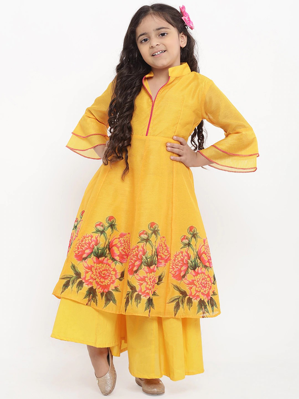 Girl's Yellow Printed Kurta & Palazzo Set  - NOZ2TOZ KIDS