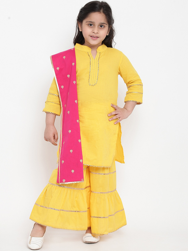 Girl's Yellow & Pink Solid Kurta & Palazzo Set with Dupatta  - NOZ2TOZ KIDS