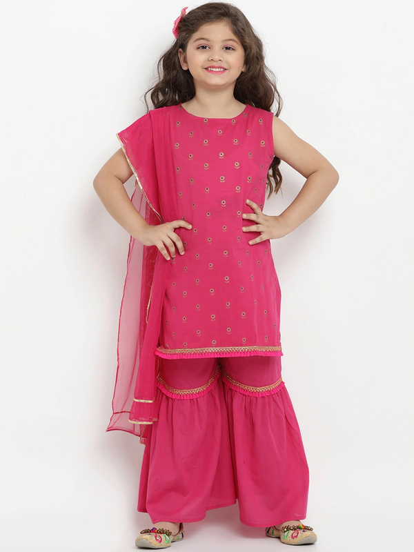 Girl's Fuchsia Printed Kurta & Sharara Set with Dupatta  - NOZ2TOZ KIDS