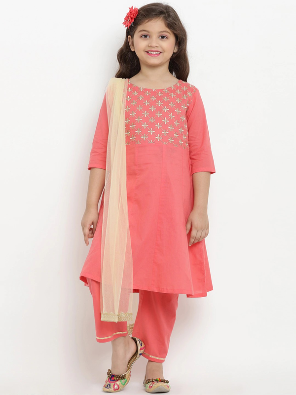 Girl's Peach Embroidered Kurta & Trouser Set with Dupatta  - NOZ2TOZ KIDS