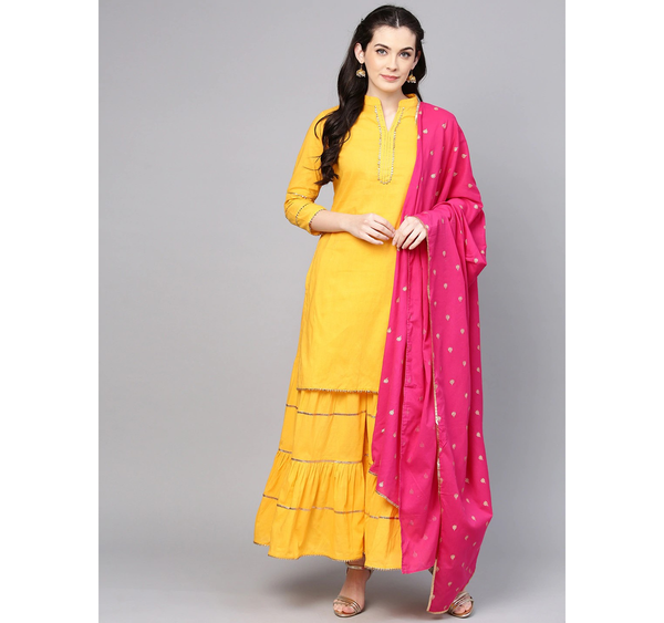 Women's  Yellow Solid Kurta With Sharara & Dupatta - Wahe-NOOR