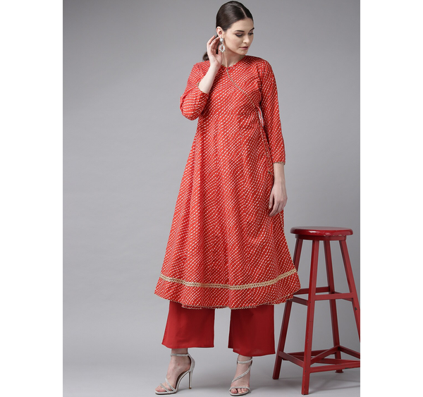 Women's  Red & White Bandhan Print Angrakha Kurta With Palazzos - Wahe-NOOR