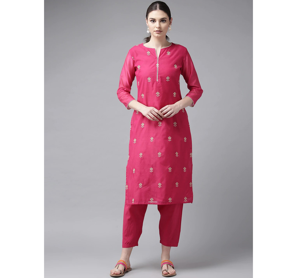 Women's  Pink & Cream-Coloured Embroidered Kurta With Trousers - Wahe-NOOR