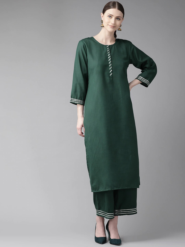 Women's  Green Solid Kurta With Palazzos3 - Wahe-NOOR