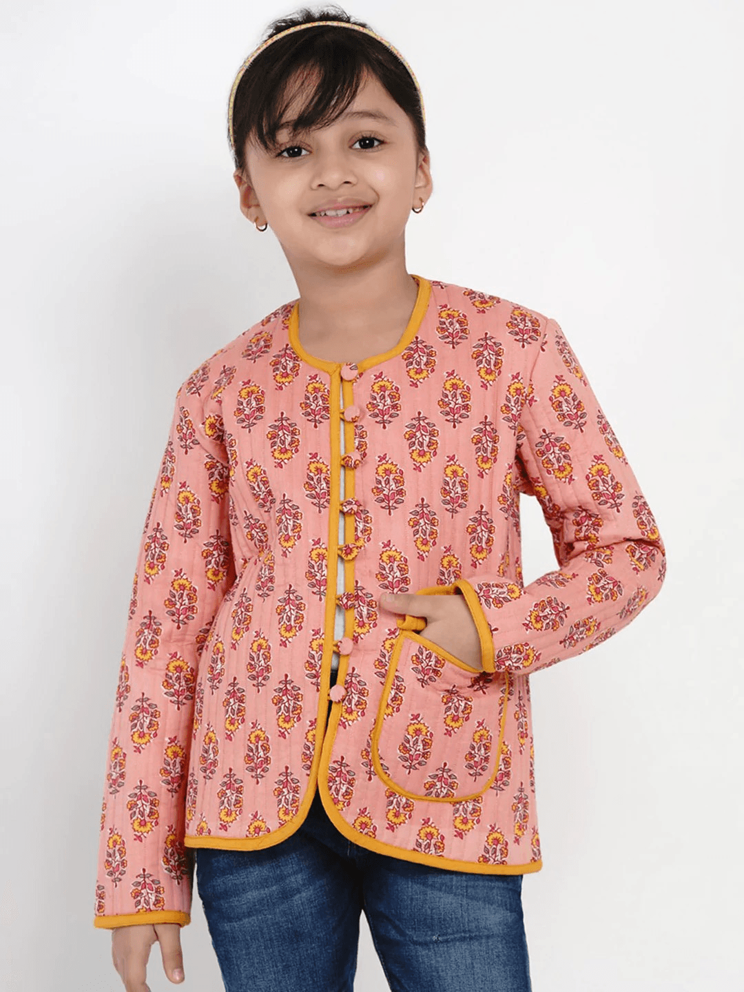 Girl's Peach & Mustard Yellow Printed Open Front Jacket Top - NOZ2TOZ KIDS - Indiakreations