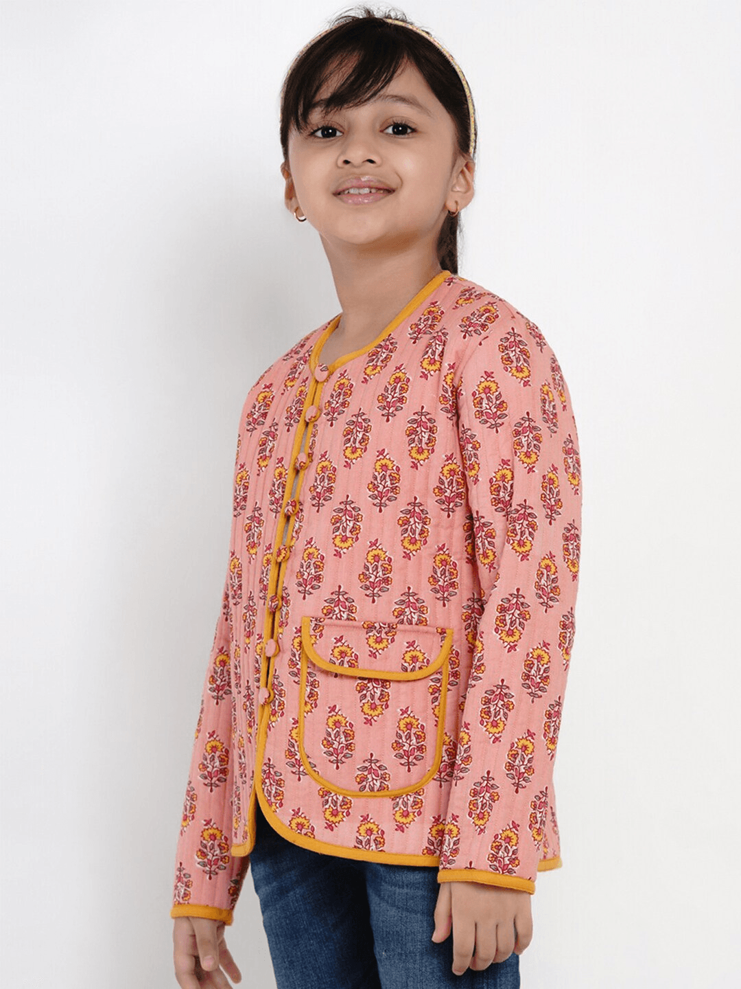 Girl's Peach & Mustard Yellow Printed Open Front Jacket Top - NOZ2TOZ KIDS - Indiakreations