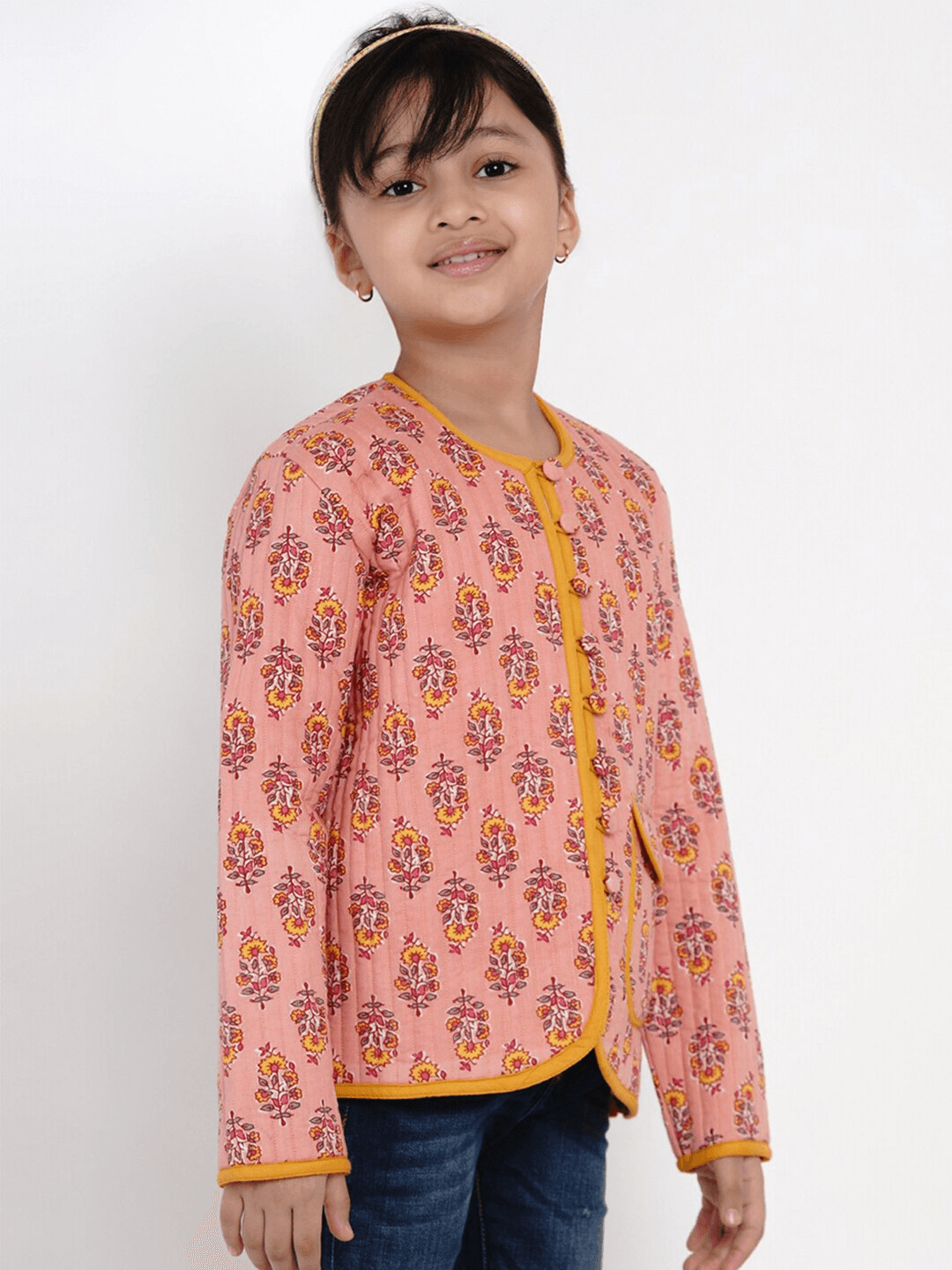 Girl's Peach & Mustard Yellow Printed Open Front Jacket Top - NOZ2TOZ KIDS - Indiakreations