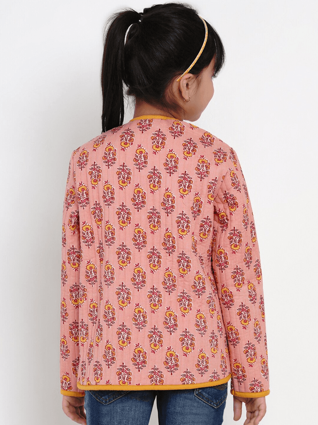 Girl's Peach & Mustard Yellow Printed Open Front Jacket Top - NOZ2TOZ KIDS - Indiakreations