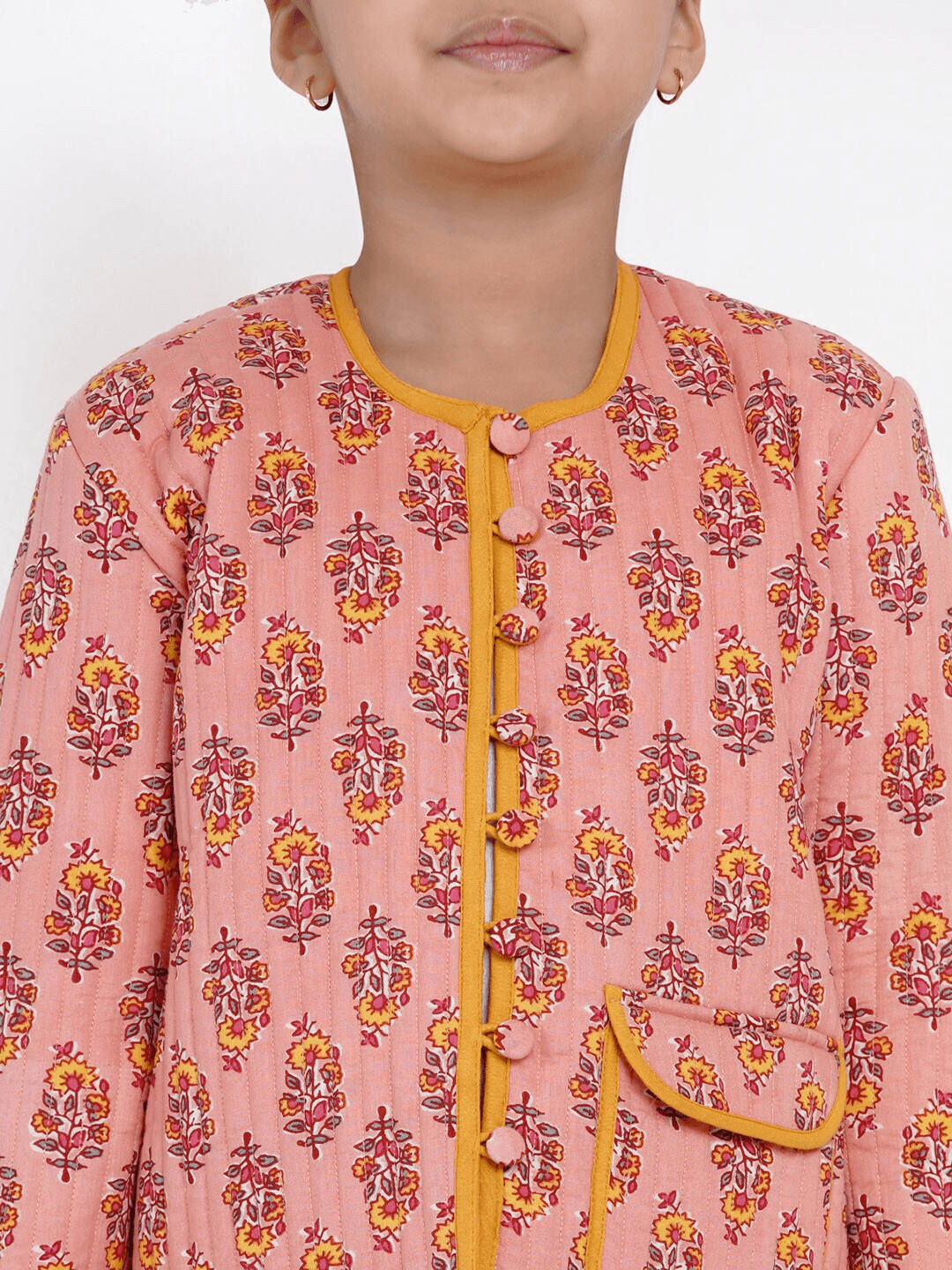 Girl's Peach & Mustard Yellow Printed Open Front Jacket Top - NOZ2TOZ KIDS - Indiakreations