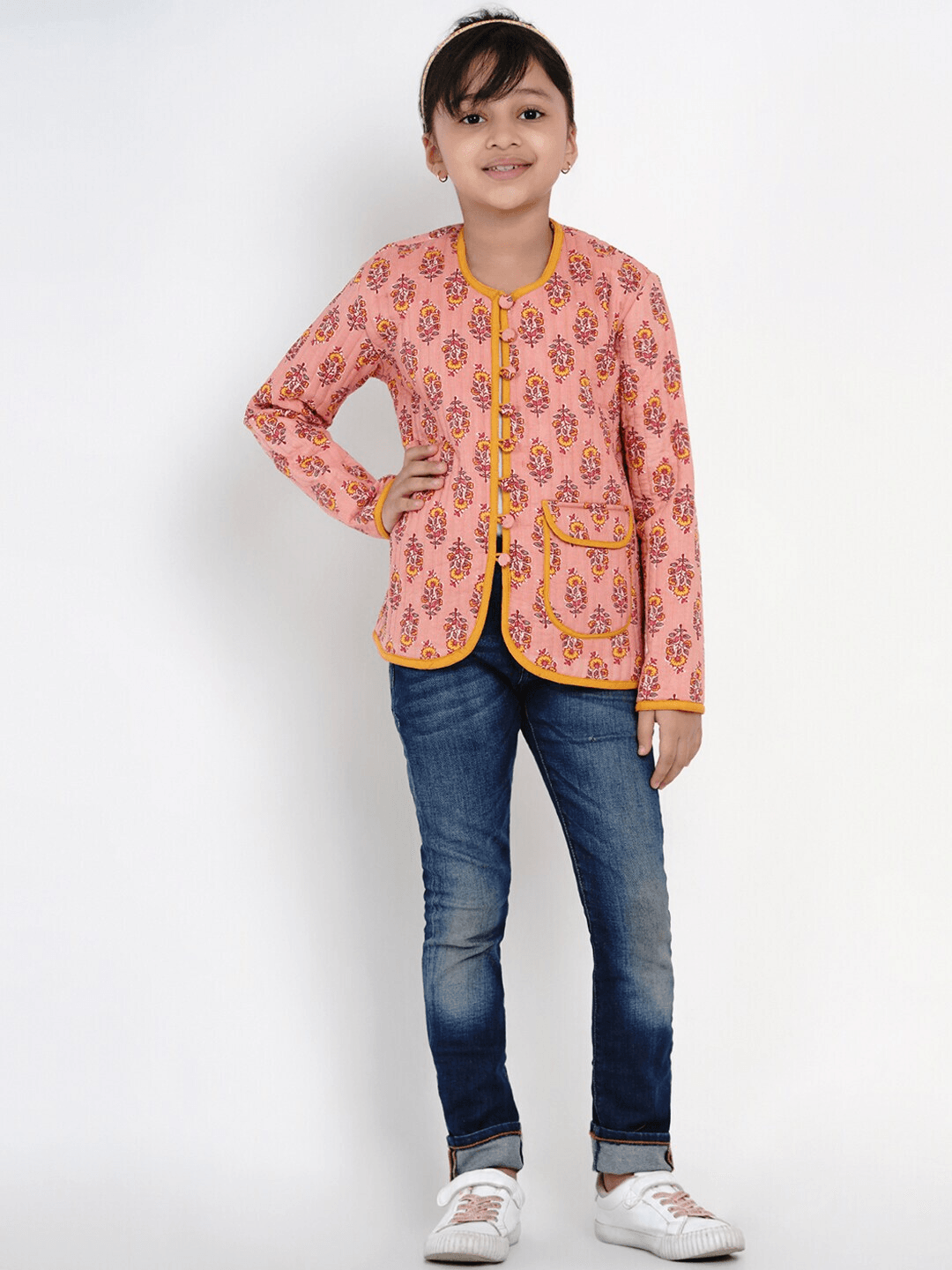 Girl's Peach & Mustard Yellow Printed Open Front Jacket Top - NOZ2TOZ KIDS - Indiakreations