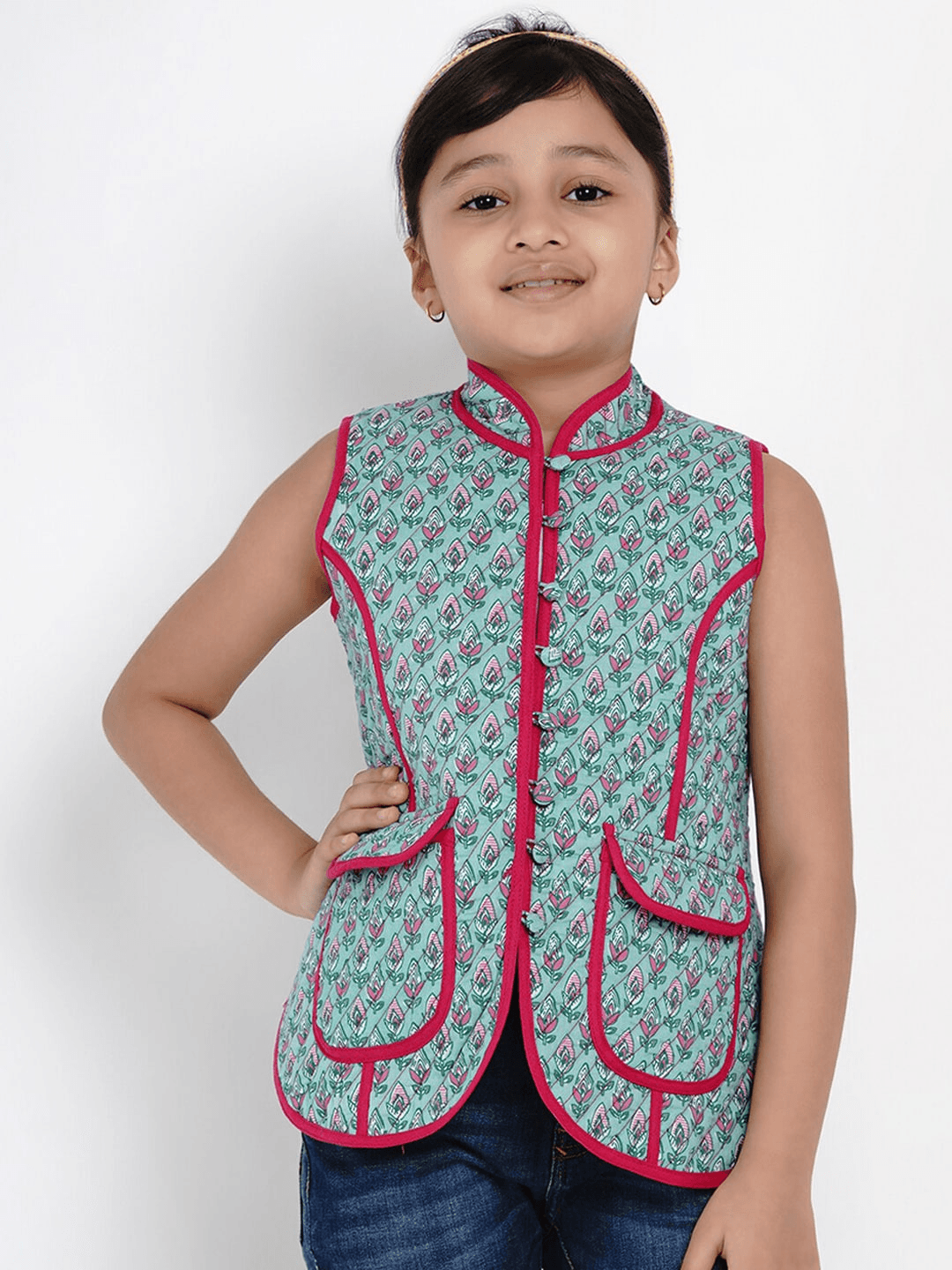 Girl's Green & Pink Printed Tailored Jacket Top - NOZ2TOZ KIDS - Indiakreations