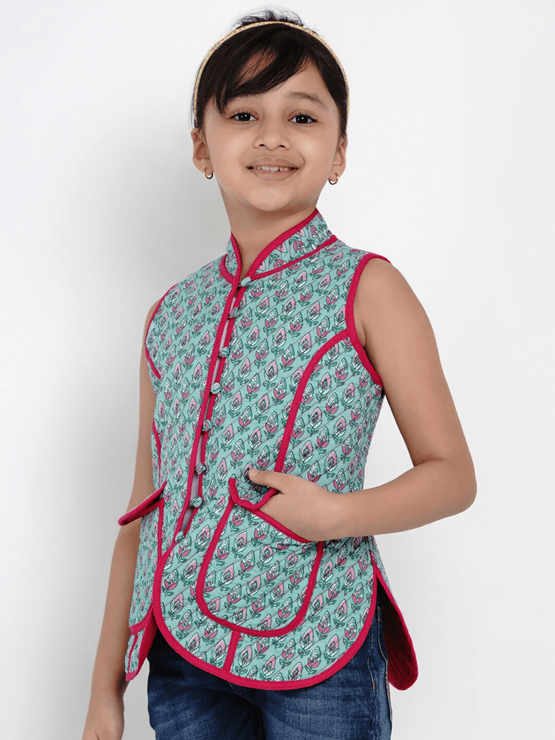 Girl's Green & Pink Printed Tailored Jacket Top - NOZ2TOZ KIDS - Indiakreations