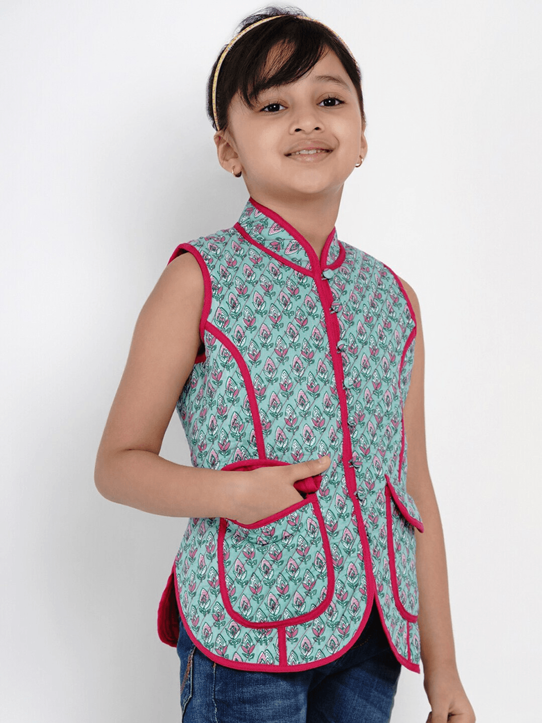 Girl's Green & Pink Printed Tailored Jacket Top - NOZ2TOZ KIDS - Indiakreations