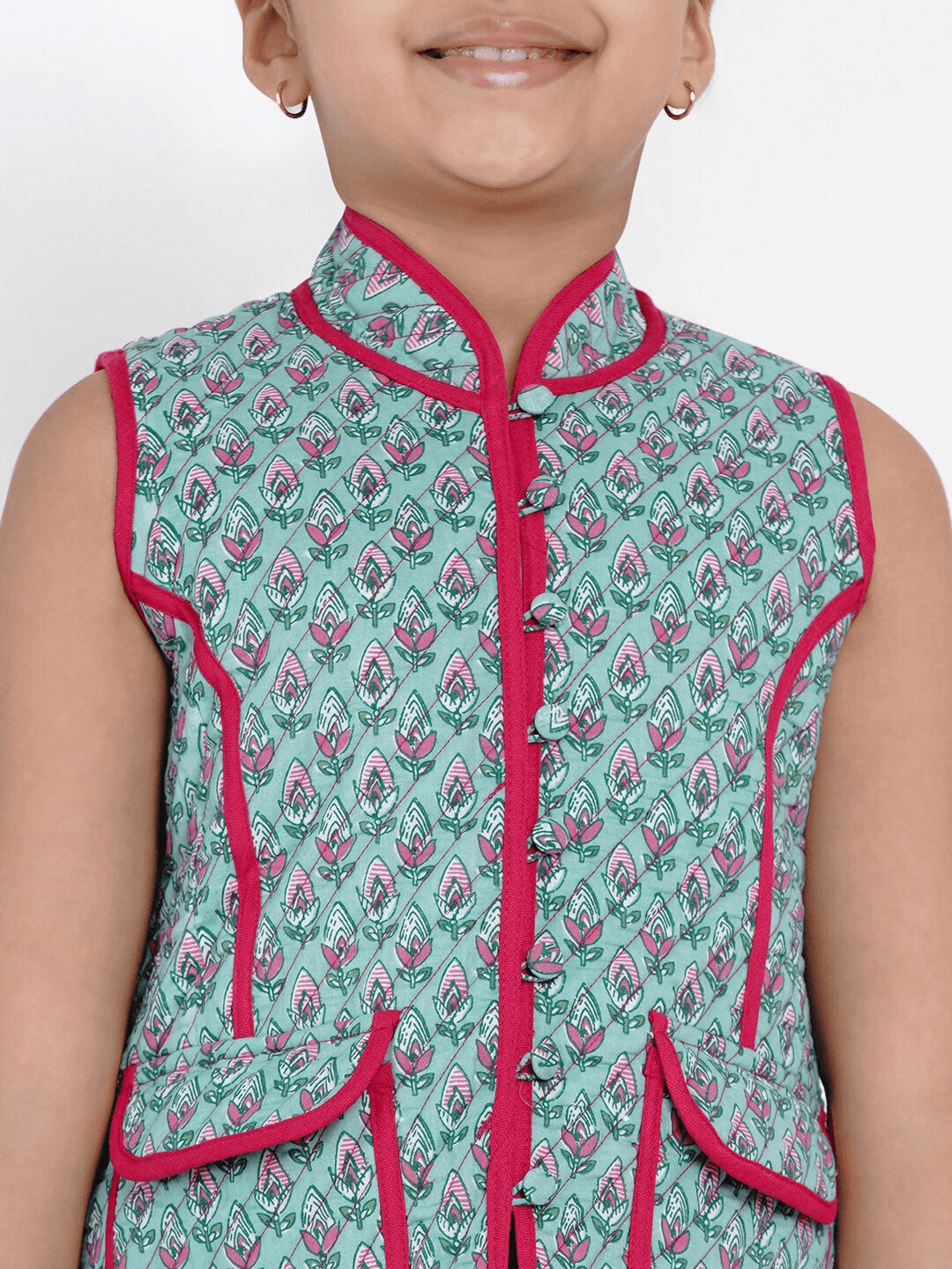 Girl's Green & Pink Printed Tailored Jacket Top - NOZ2TOZ KIDS - Indiakreations