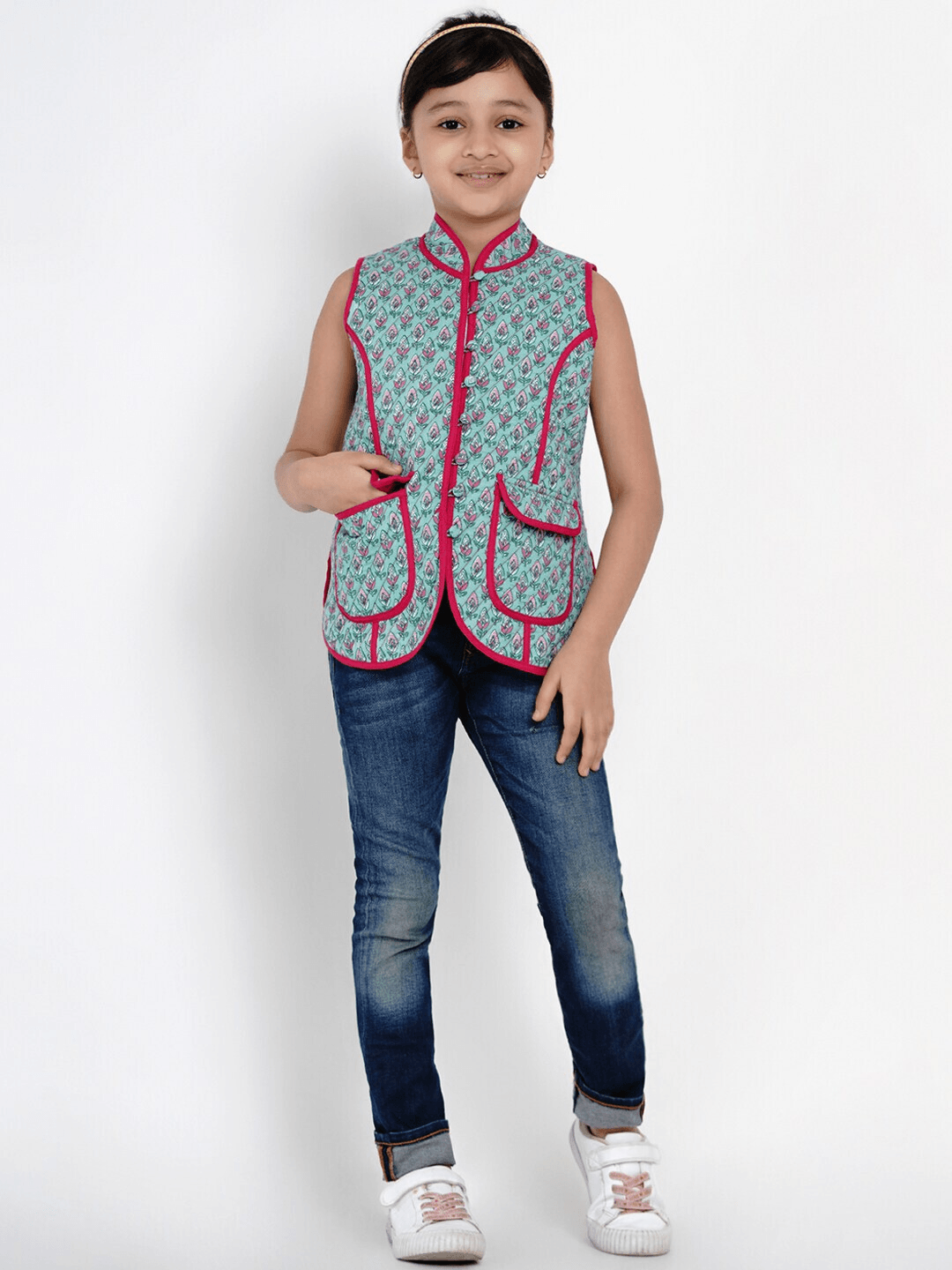 Girl's Green & Pink Printed Tailored Jacket Top - NOZ2TOZ KIDS - Indiakreations