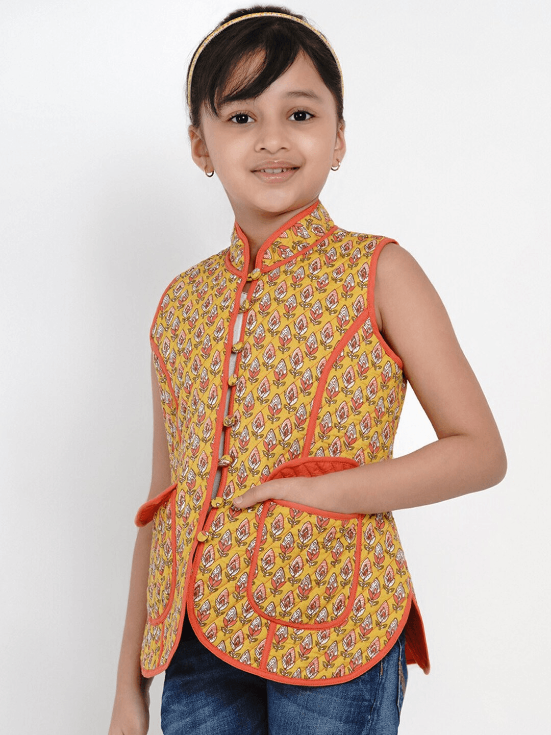 Girl's Mustard Yellow Printed Tailored Jacket Top - NOZ2TOZ KIDS - Indiakreations