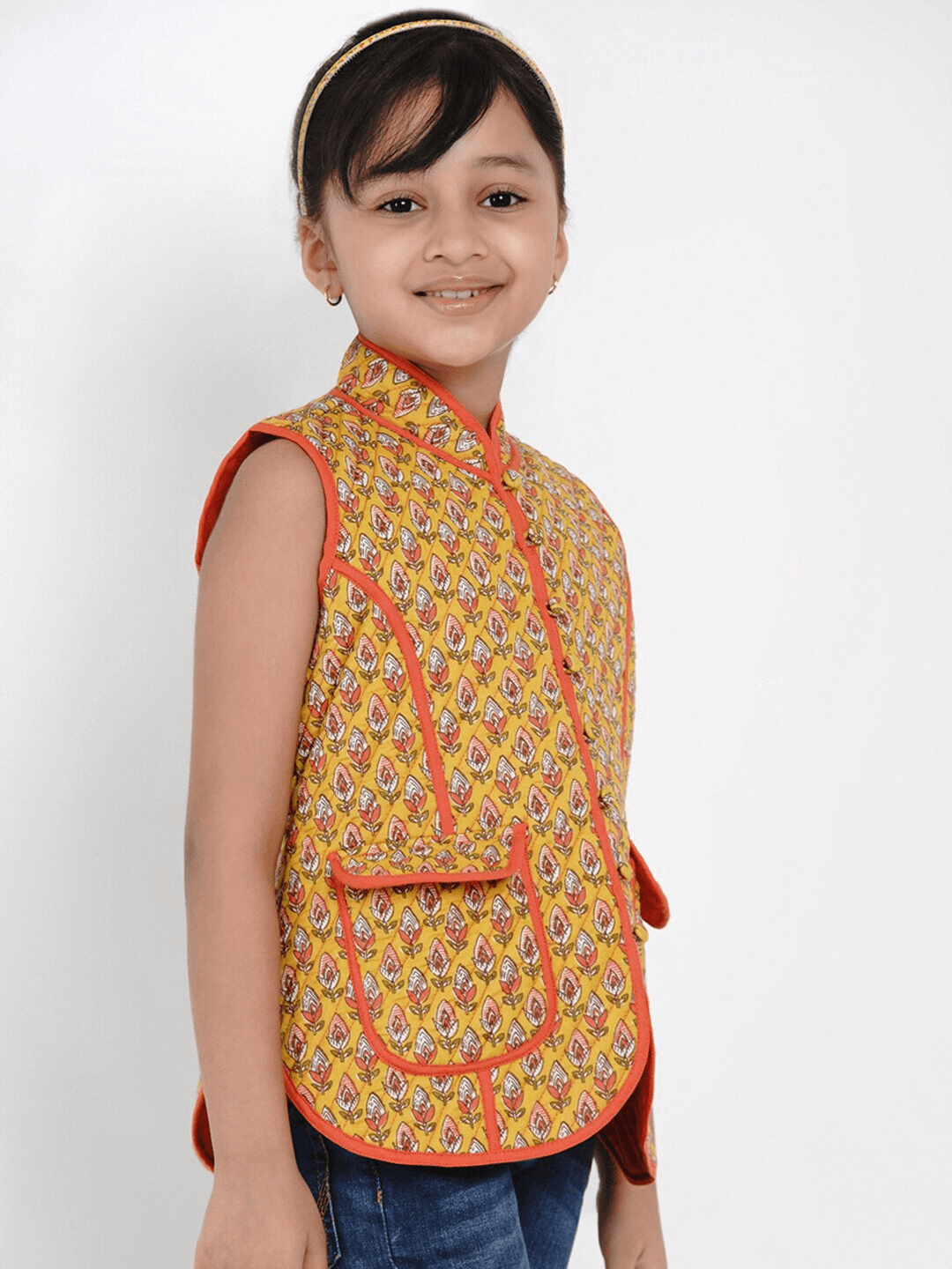 Girl's Mustard Yellow Printed Tailored Jacket Top - NOZ2TOZ KIDS - Indiakreations