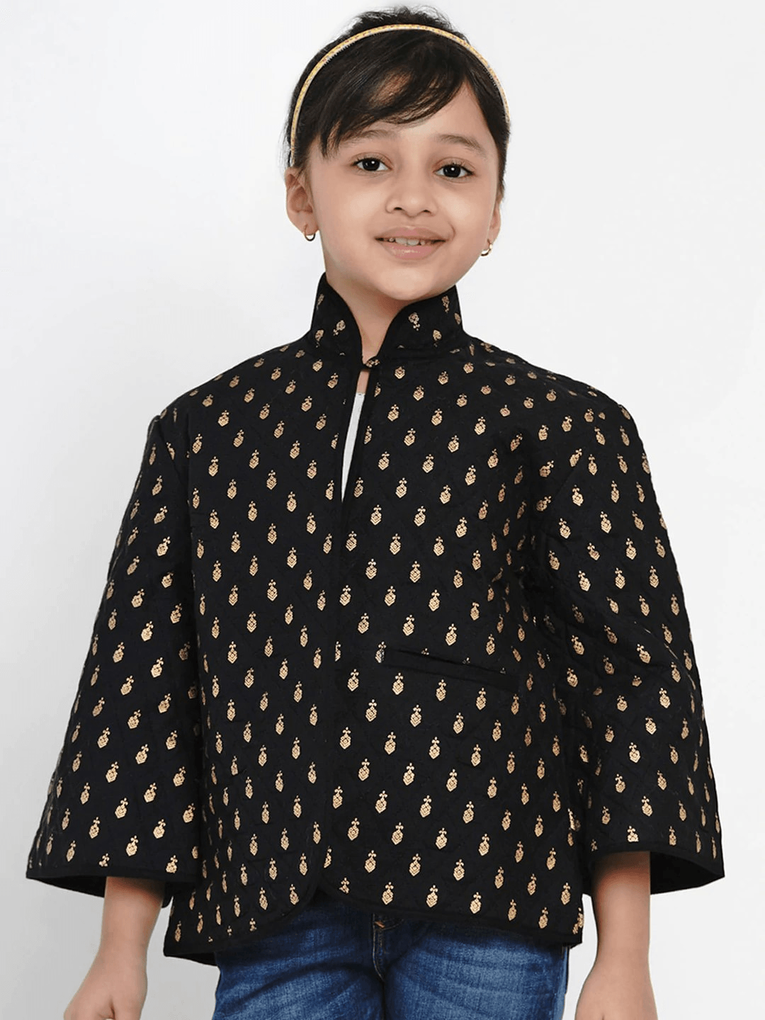 Girl's Black & Gold Self Design Tailored Jacket Top - NOZ2TOZ KIDS - Indiakreations