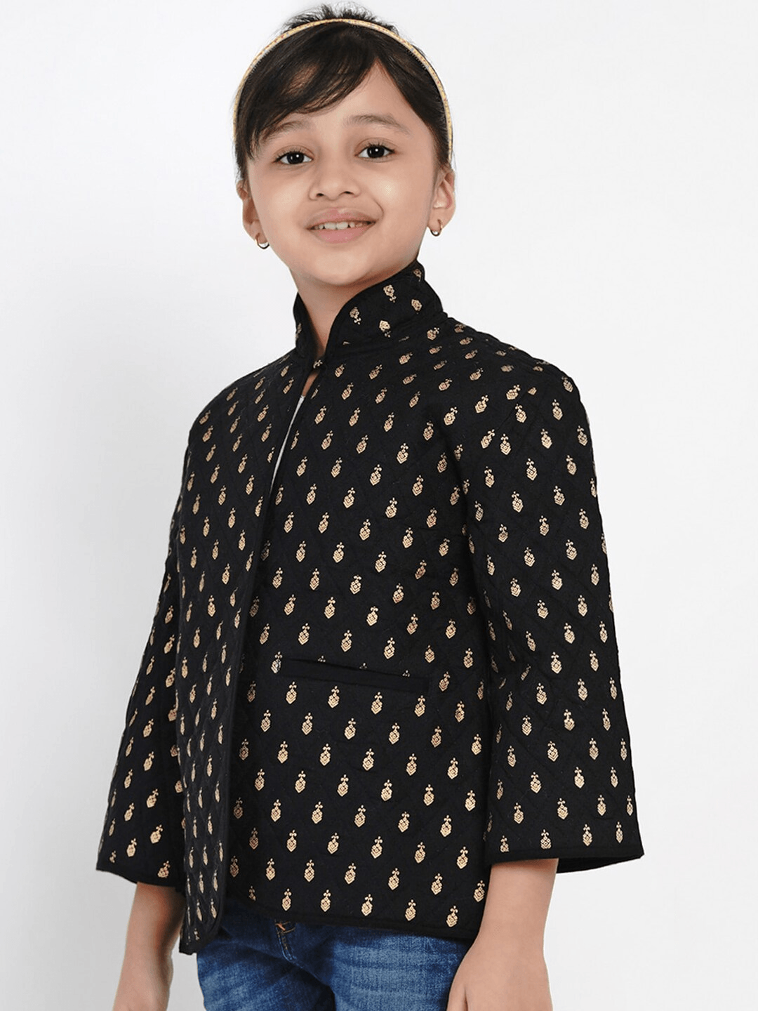 Girl's Black & Gold Self Design Tailored Jacket Top - NOZ2TOZ KIDS - Indiakreations