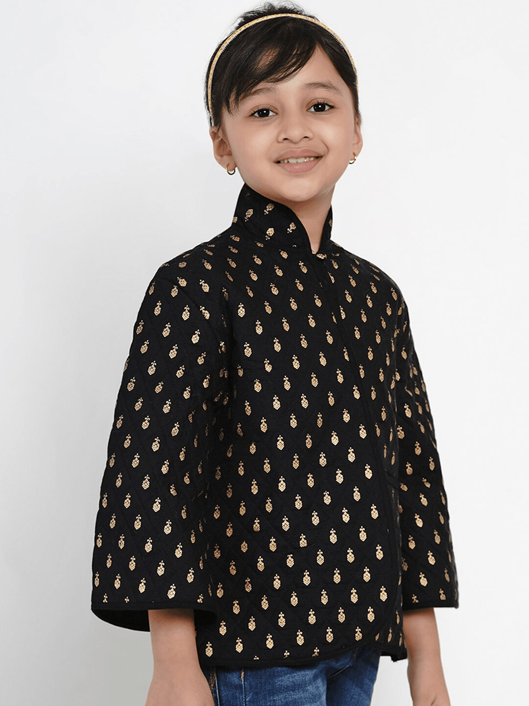 Girl's Black & Gold Self Design Tailored Jacket Top - NOZ2TOZ KIDS - Indiakreations