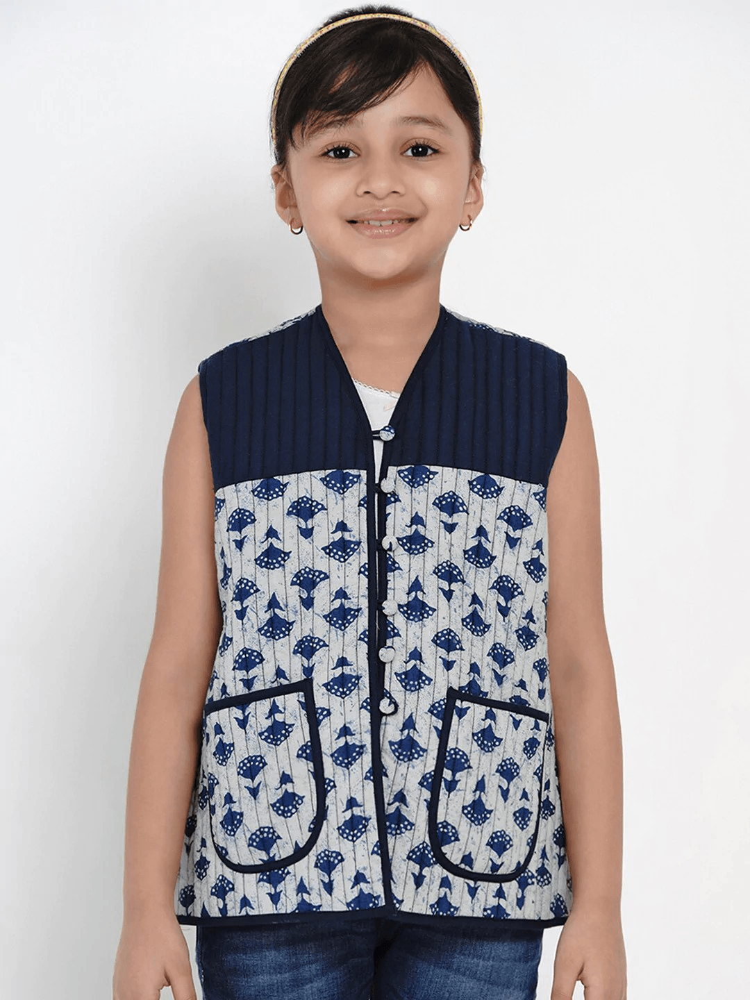 Girl's Blue Printed Tailored Jacket Top - NOZ2TOZ KIDS - Indiakreations