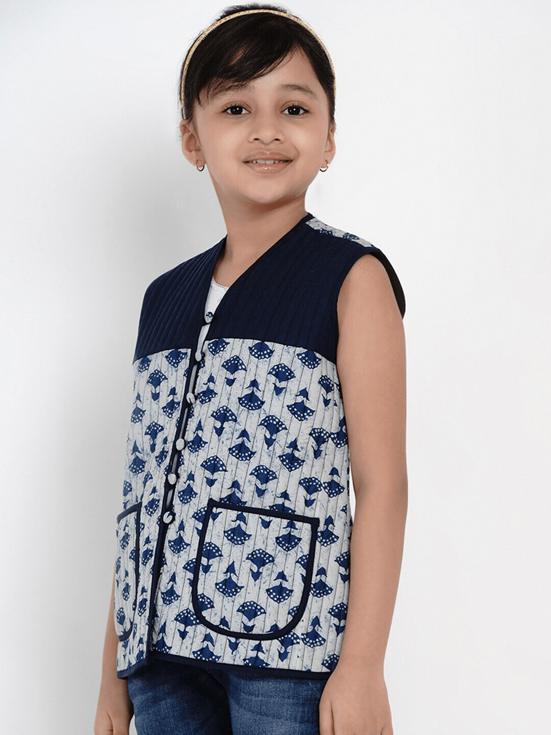 Girl's Blue Printed Tailored Jacket Top - NOZ2TOZ KIDS - Indiakreations