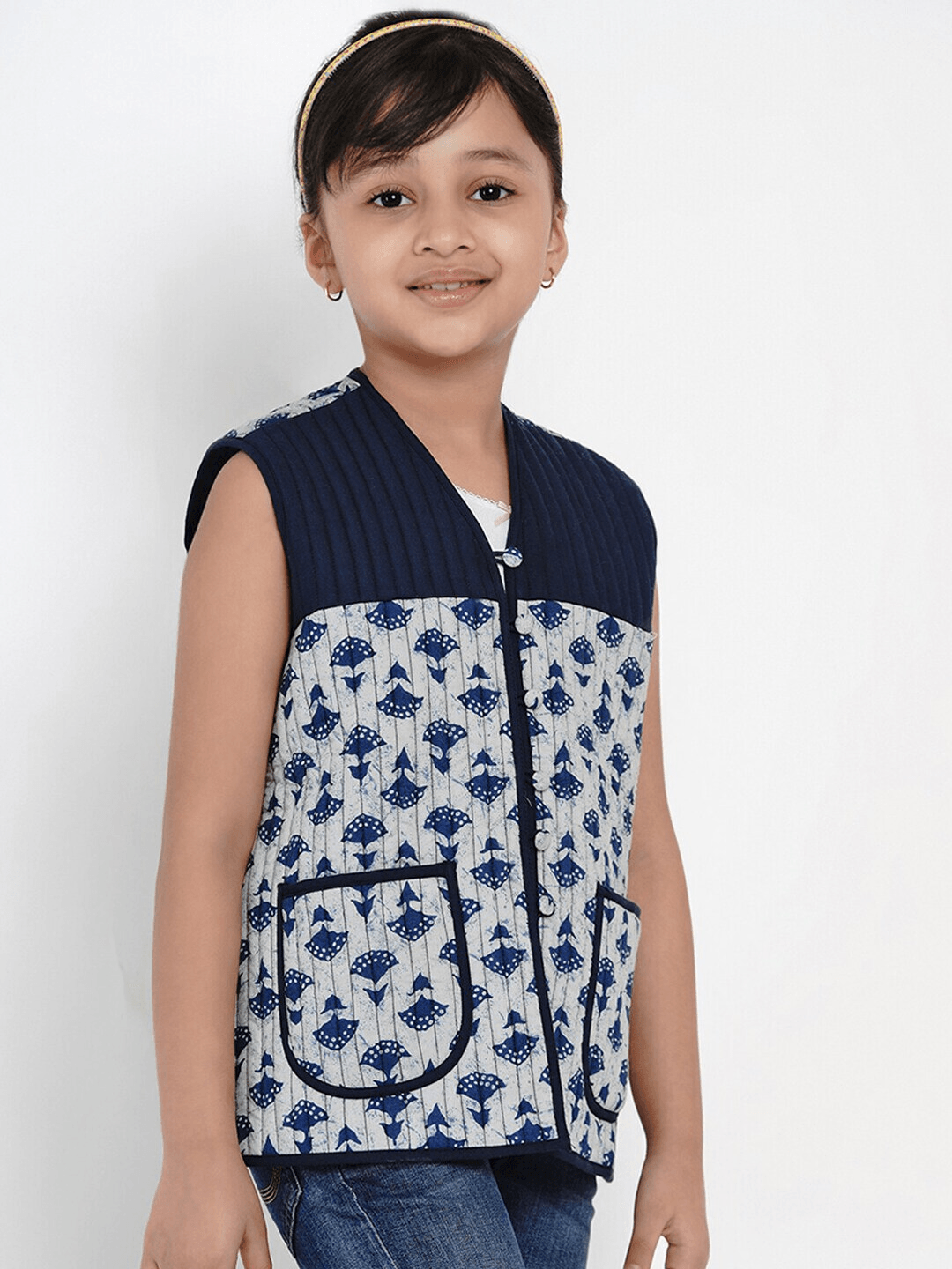 Girl's Blue Printed Tailored Jacket Top - NOZ2TOZ KIDS - Indiakreations