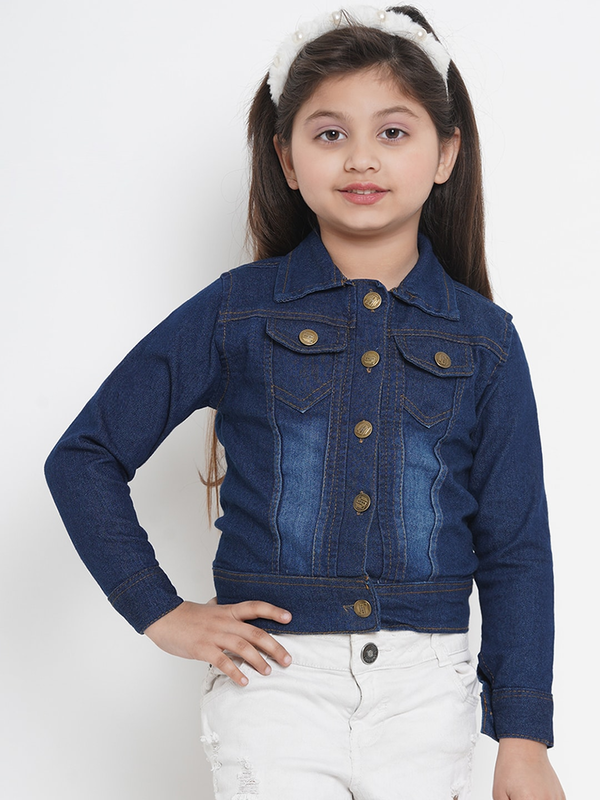 Girl's Blue Denim Solid Lightweight Jacket Top  - NOZ2TOZ KIDS